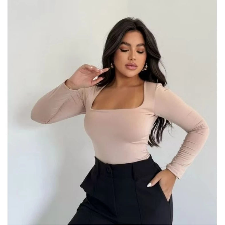 Blusa Feminina Suplex Manga Longa Gola Quadrada Elegante Moda Inverno