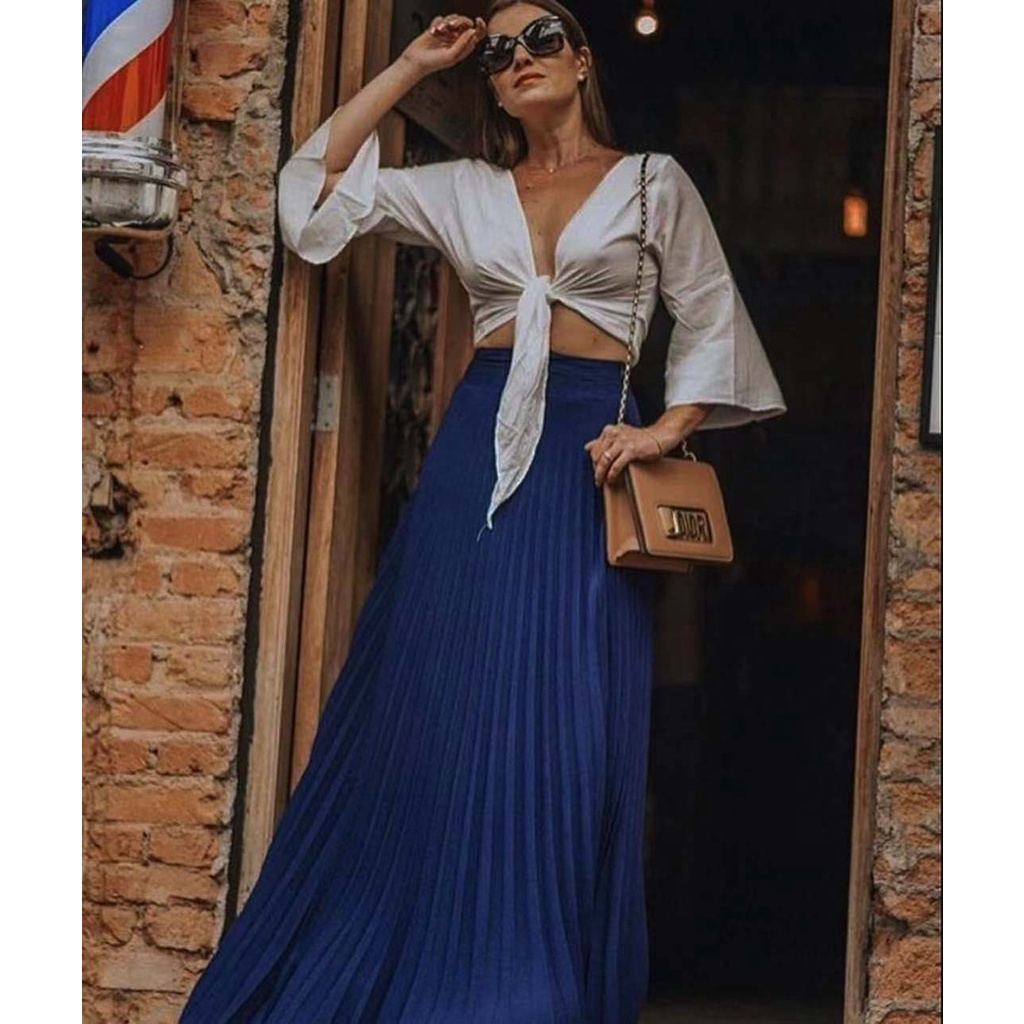 Saia Plissada Longa Evangélica Elegante Forrada Lisa