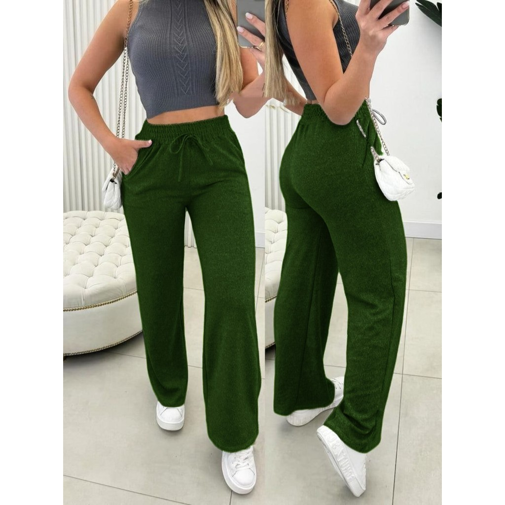 Calça Pantalona Lanzinha Feminina Cintura Alta Com Elastico De e Bolso Outono / Inverno Promoção