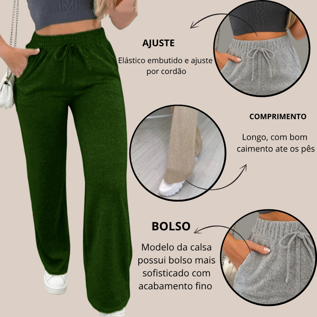 Calça Pantalona Lanzinha Feminina Cintura Alta Com Elastico De e Bolso Outono / Inverno Promoção
