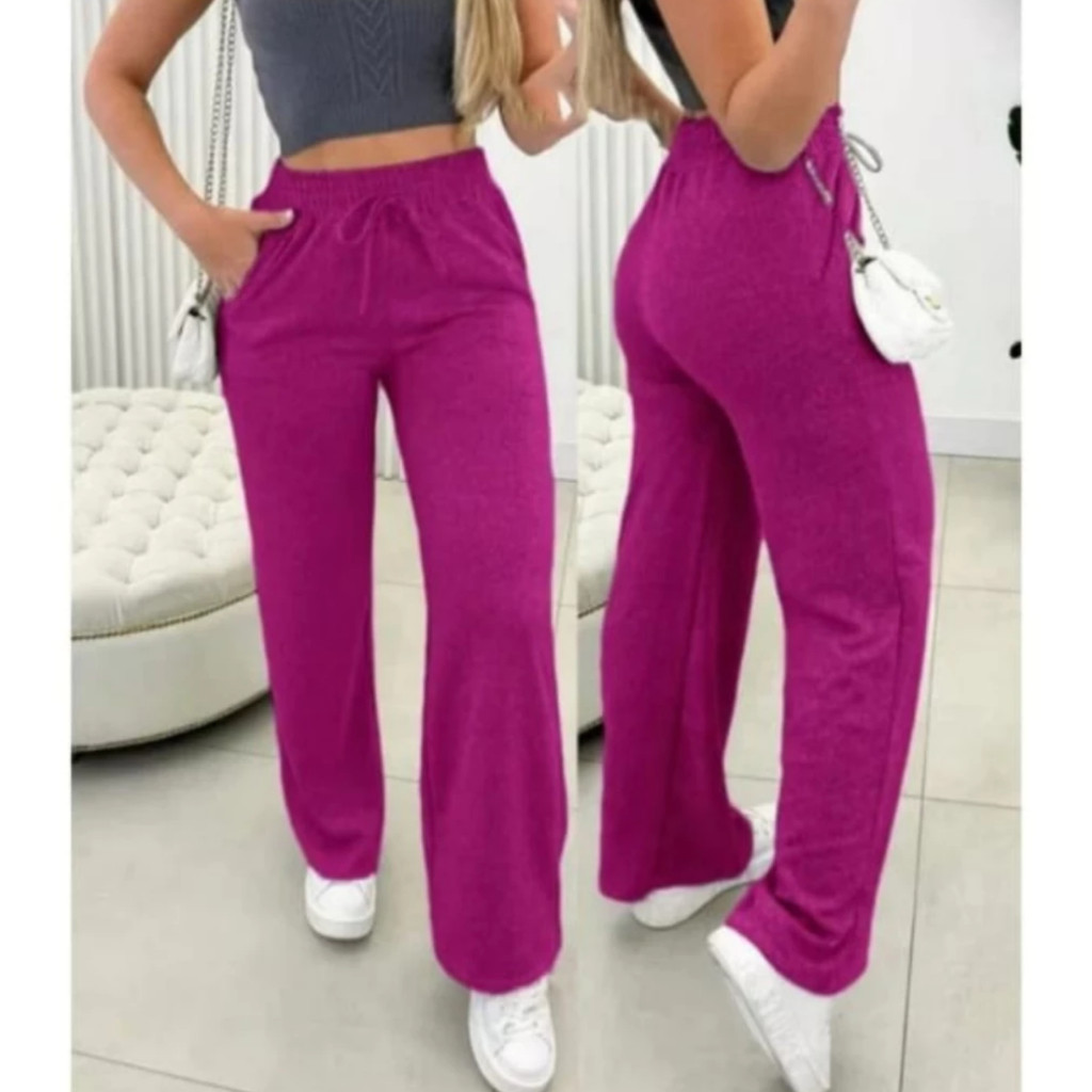Calça Pantalona Lanzinha Feminina Cintura Alta Com Elastico De e Bolso Outono / Inverno Promoção