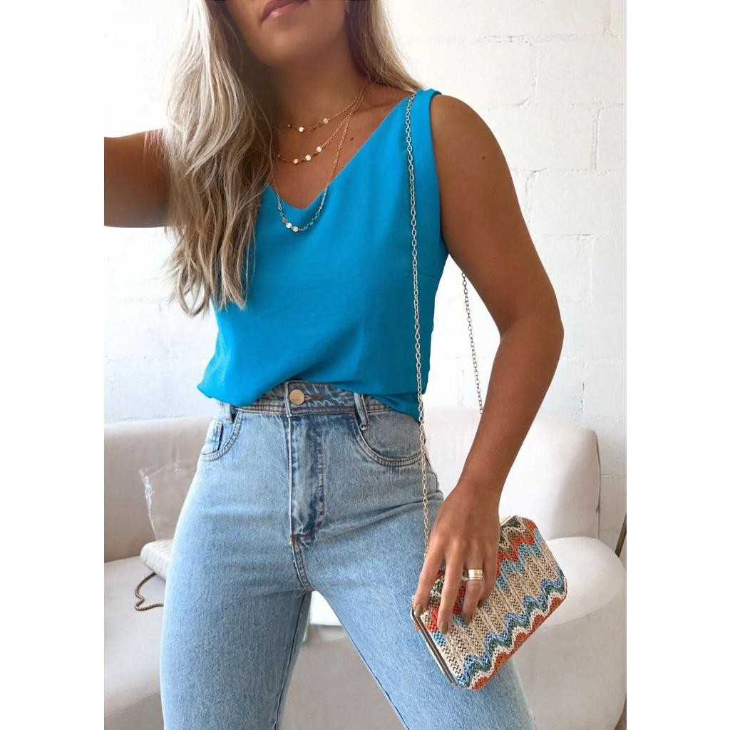 Blusa Feminina Regata Alça Larga Duna Lisa Básica Elegante Frente Única Air Flow