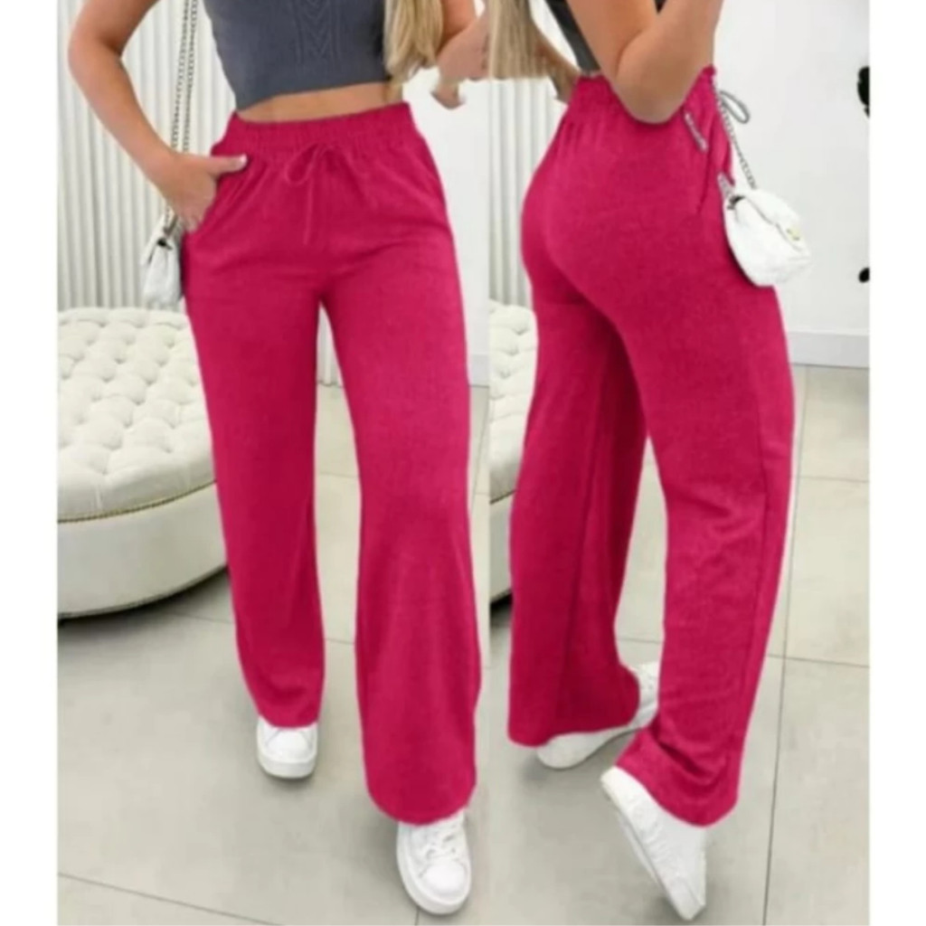 Calça Pantalona Lanzinha Feminina Cintura Alta Com Elastico De e Bolso Outono / Inverno Promoção