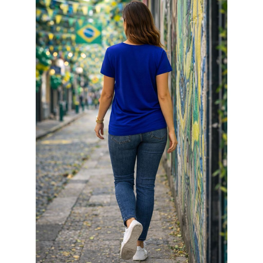 Blusa Brasil Feminina Estilosa Camiseta Decote V Tendência Copa Tecido Viscolycra M ao G2Pluz size