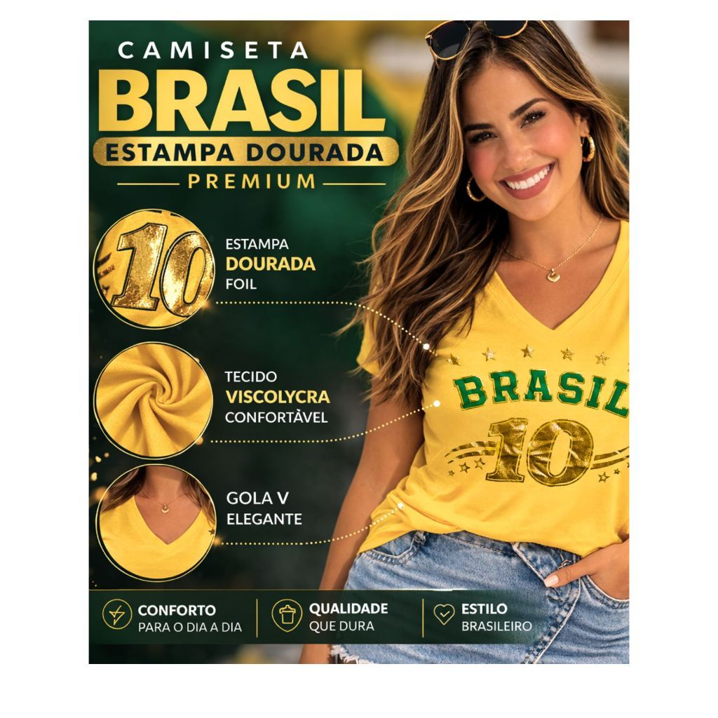 Blusa Brasil Feminina Estilosa Camiseta Decote V Tendência Copa Tecido Viscolycra M ao G2Pluz size