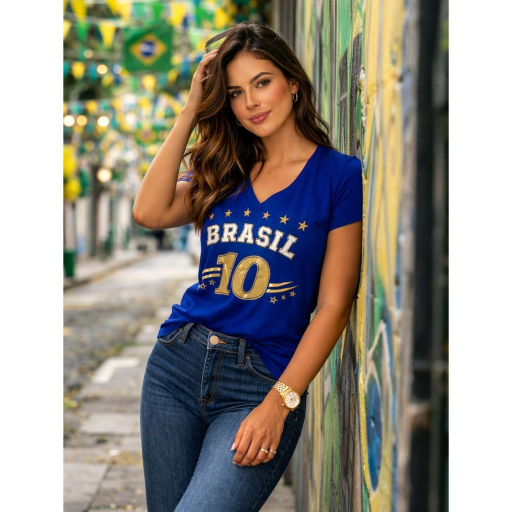 Blusa Brasil Feminina Estilosa Camiseta Decote V Tendência Copa Tecido Viscolycra M ao G2Pluz size