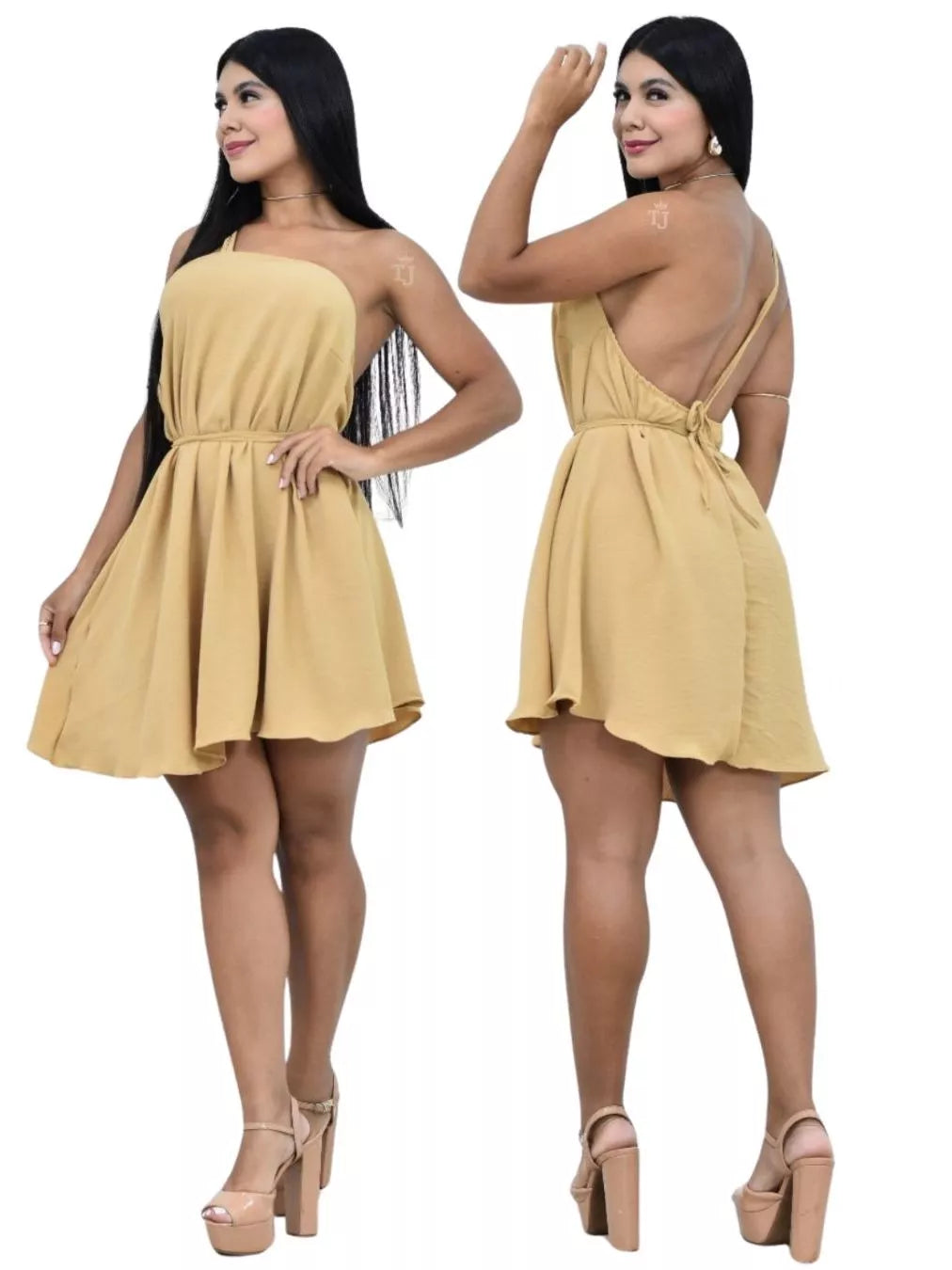 Vestido Curto Frente Única com Costas Nuas – Leve, Elegante e Confortável